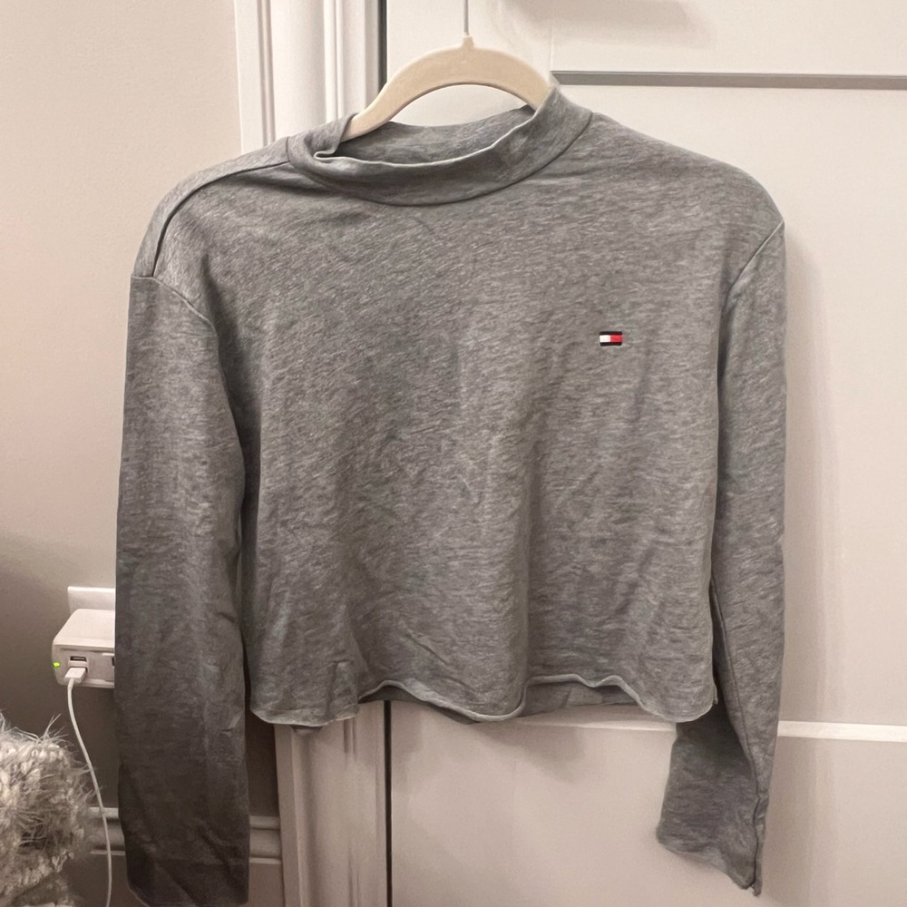 Tommy Hilfiger Gray Cropped Long Sleeve Top with Logo